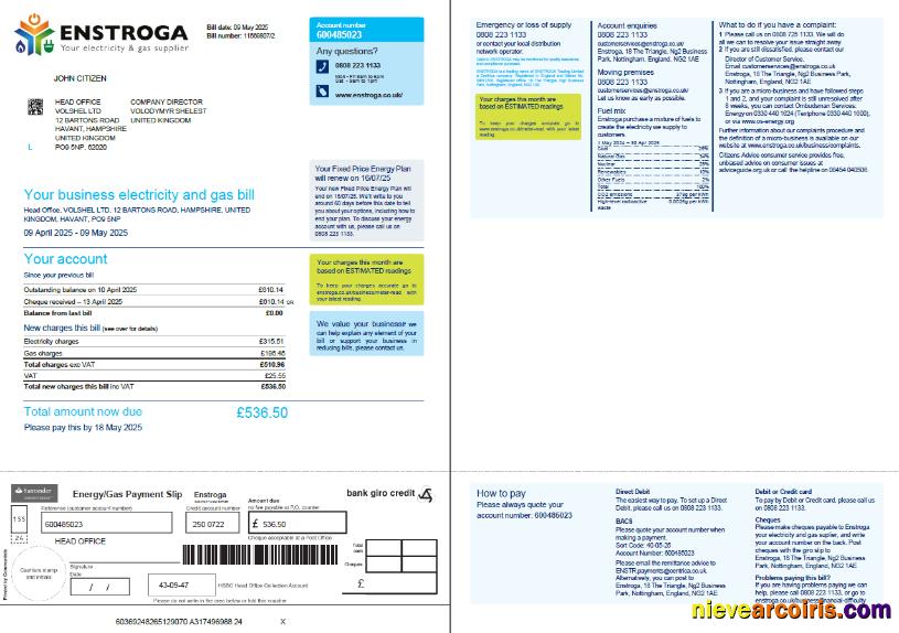 United Kingdom Enstroga utility bill, 2 pages